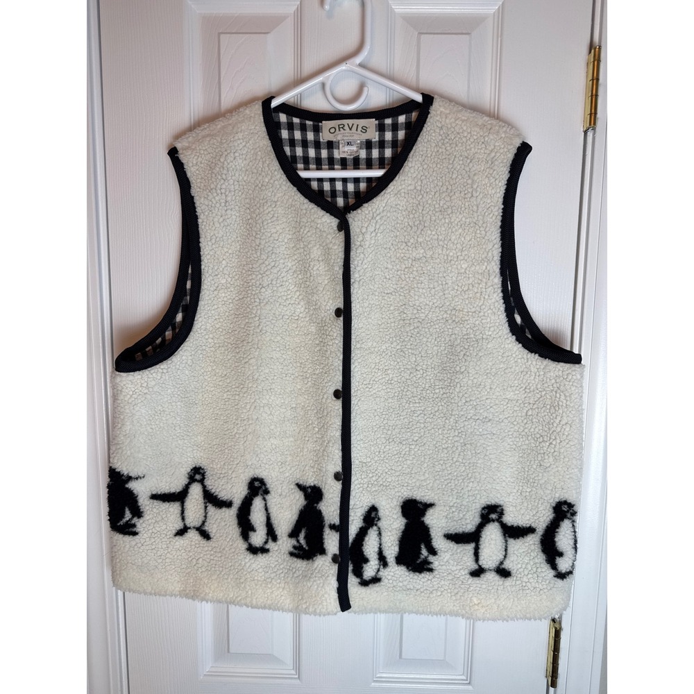 Orvis Womens XL Penguin Sherpa Fleece Vest Gingham Lined Snap Front Cream